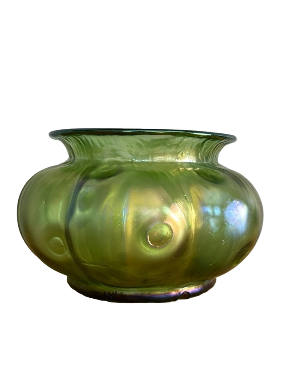 Loetz Art Nouveau "Creta Rusticana" Art Iridescent Green Glass Round Vase Bowl